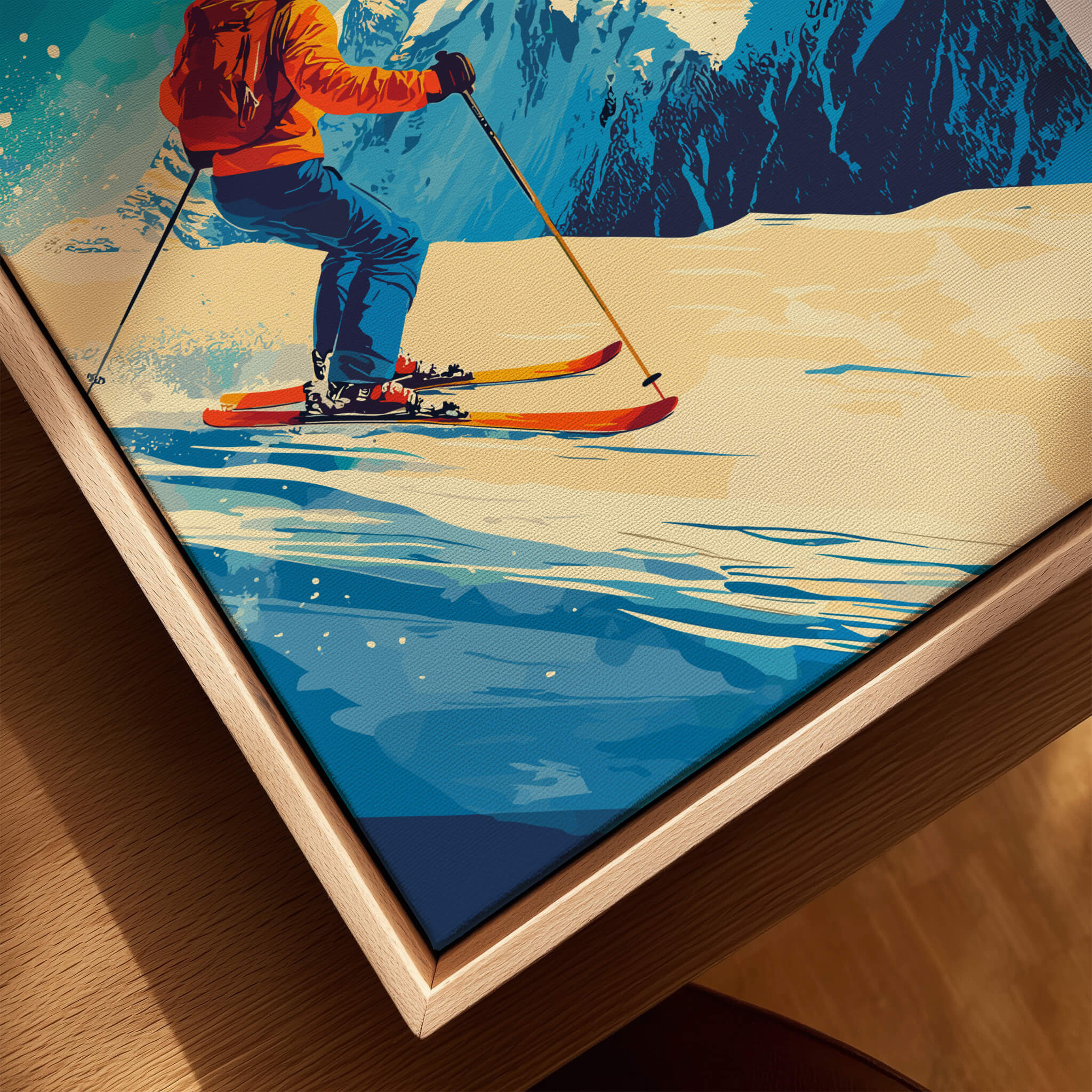 Les 2 Alpes Wall Art Ski Print featuring a skier on a snowy mountain slope, vibrant colors and design.