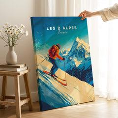 Les 2 Alpes Wall Art Ski Print featuring a skier against a vibrant mountain backdrop.