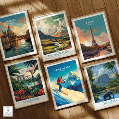 Les 2 Alpes Wall Art Ski Print featuring vibrant colors and mountain scenery among other travel posters.