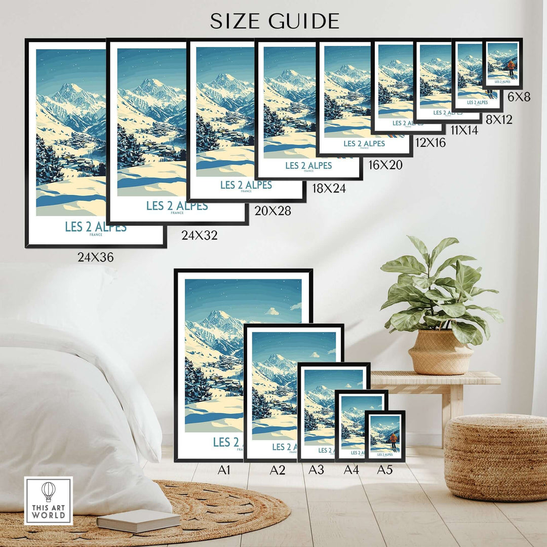 Size guide for Les 2 Alpes poster showcasing various frame sizes and mountain views for home decor.