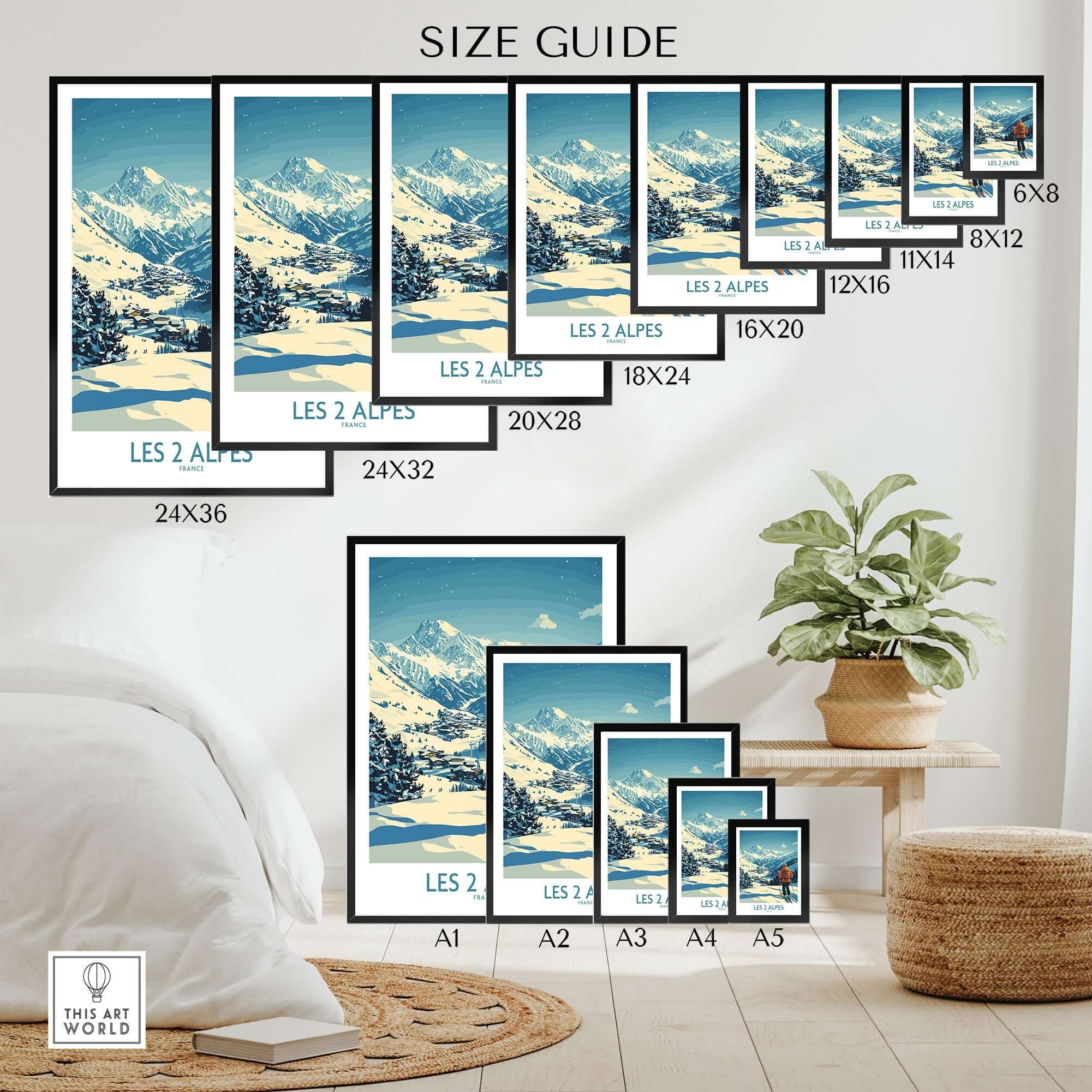 Size guide for Les 2 Alpes poster showcasing various frame sizes and mountain views for home decor.