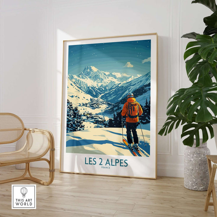 Vibrant Les 2 Alpes poster showcasing a skier against stunning mountain views in France, perfect for adventurers' decor.