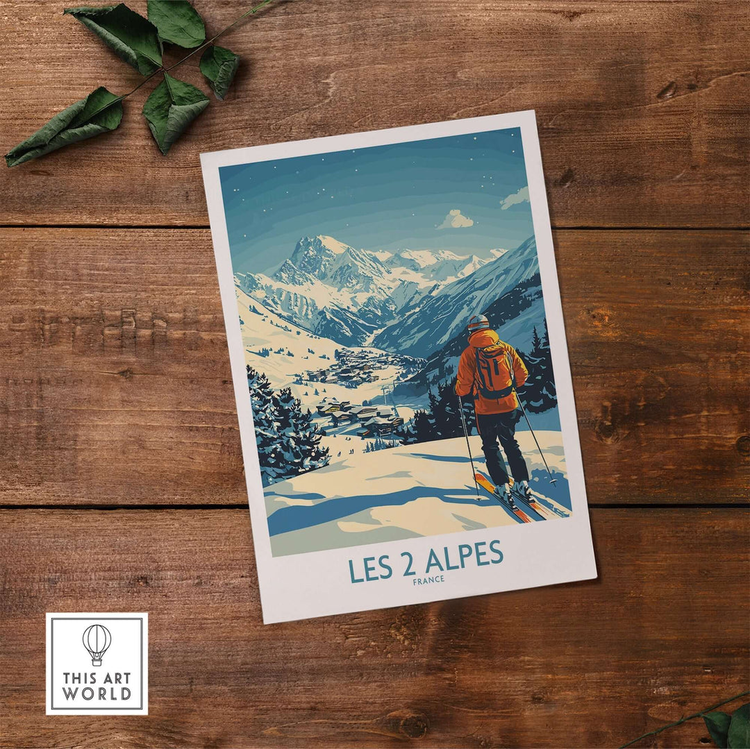 Vibrant Les 2 Alpes poster showcasing a skier against stunning French mountain scenery. Perfect for adventure lovers.