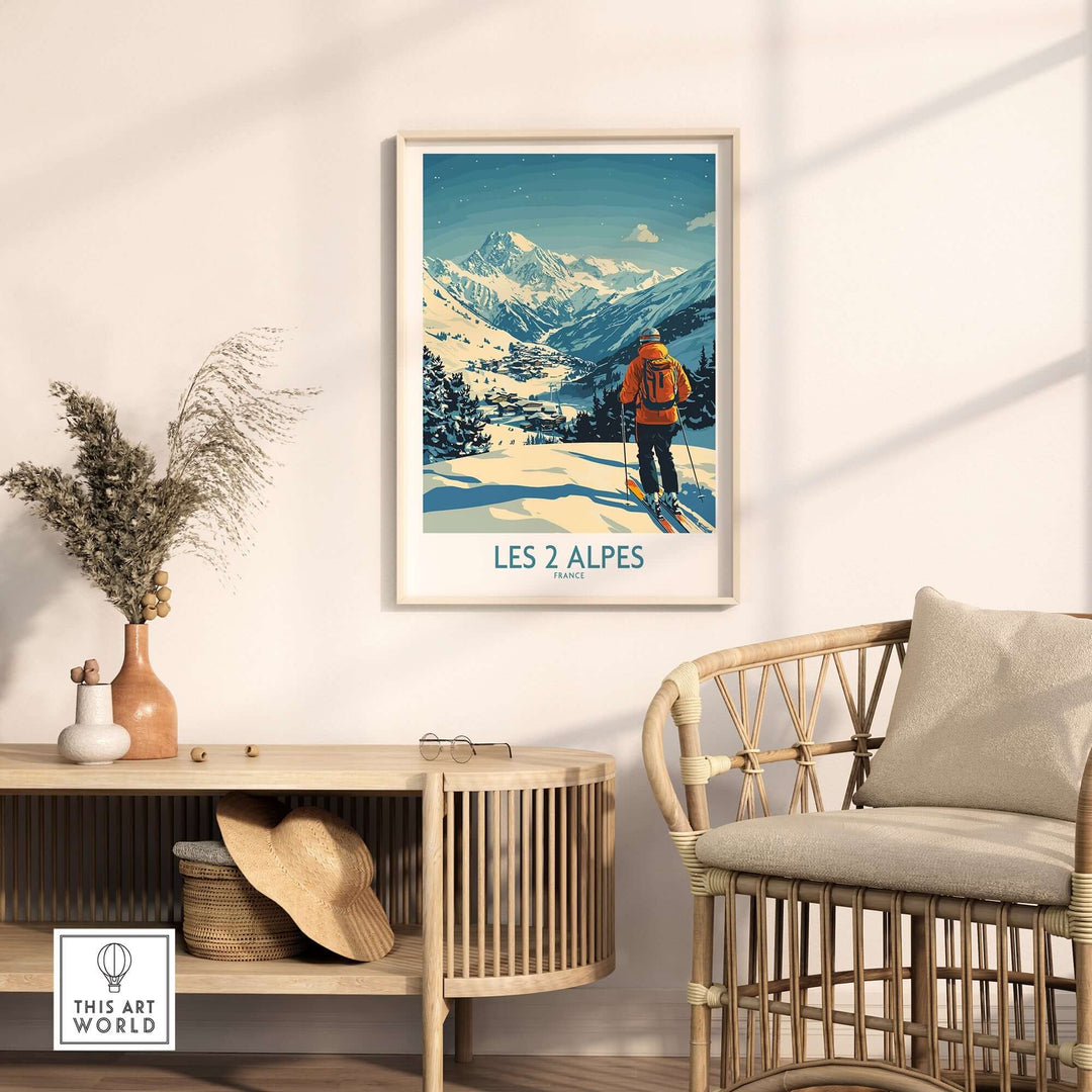 Les 2 Alpes poster in a stylish living room, showcasing stunning mountain views and ski adventure vibes.