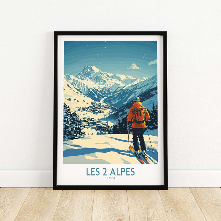 Les 2 Alpes poster showcasing stunning mountain views and a skier in vibrant colors, perfect for adventure enthusiasts.