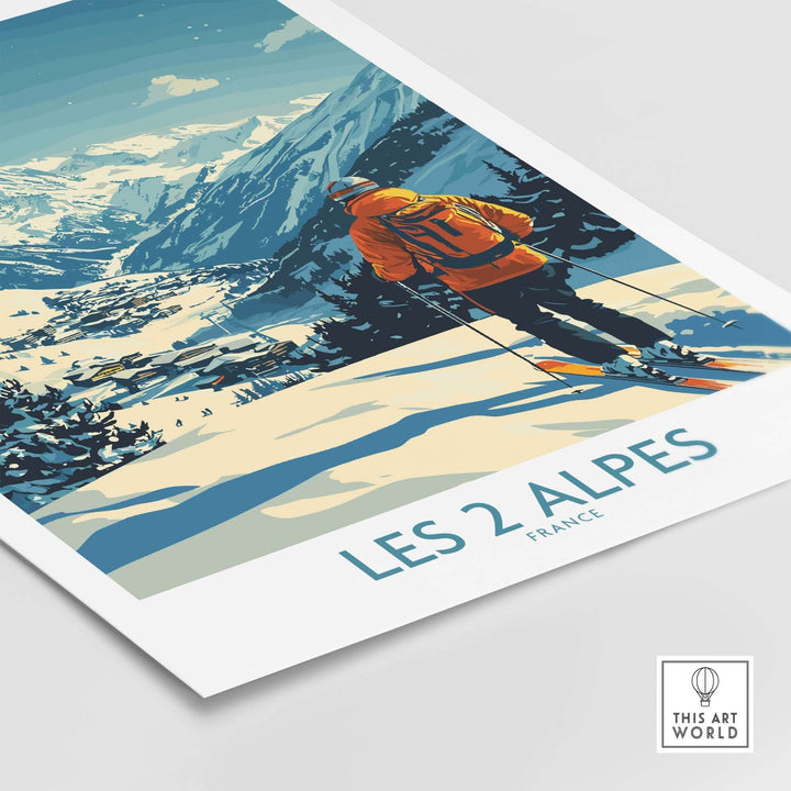 Vibrant Les 2 Alpes poster featuring a skier and stunning French mountain scenery, perfect for adventure lovers.