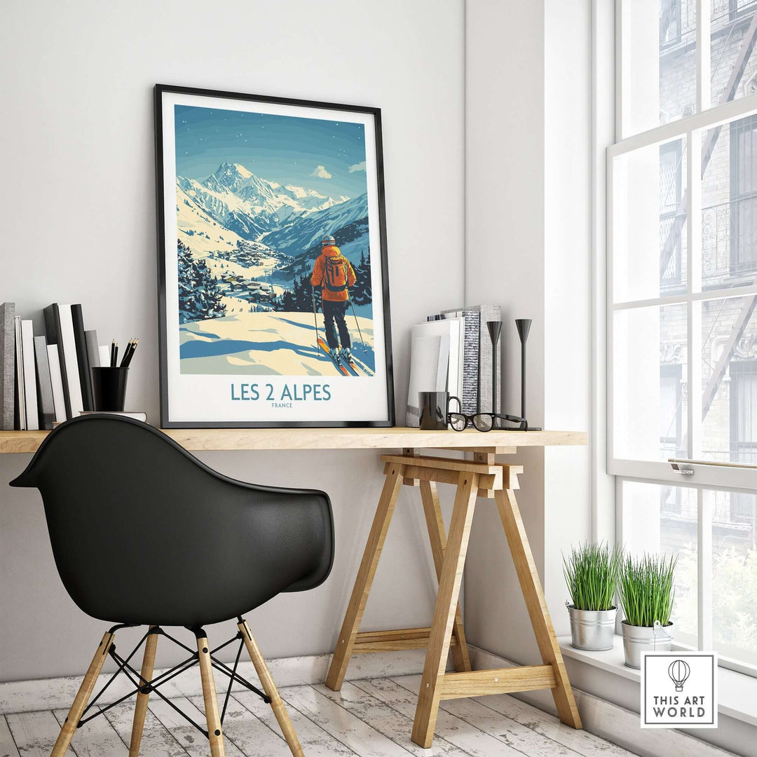 Les 2 Alpes poster displayed in a modern office, showcasing stunning mountain views and a skier against a vibrant backdrop.