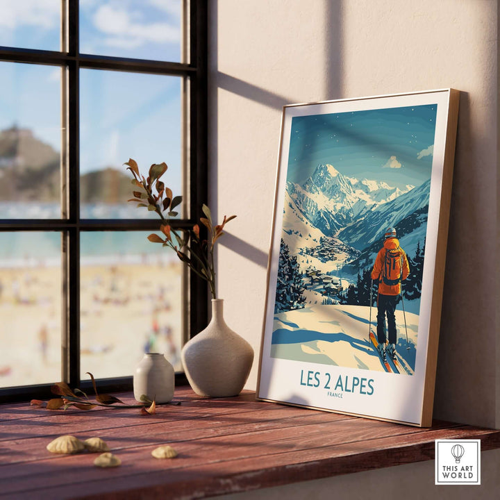 Les 2 Alpes poster showcasing a skier in the mountains, ideal for adding adventure to home or office decor.