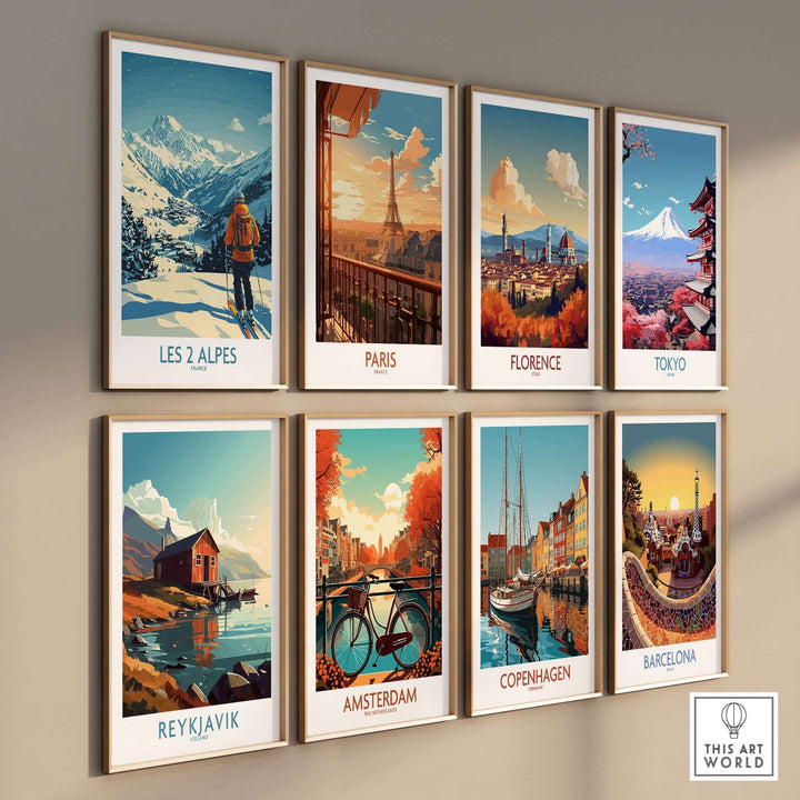 Collection of vibrant travel posters featuring Les 2 Alpes, Paris, Florence, Tokyo, Reykjavik, Amsterdam, Copenhagen, and Barcelona.