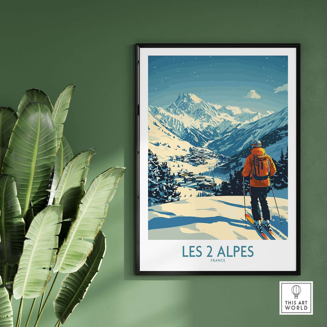 Vibrant Les 2 Alpes poster featuring a skier in breathtaking mountain scenery, perfect for home or office decor.