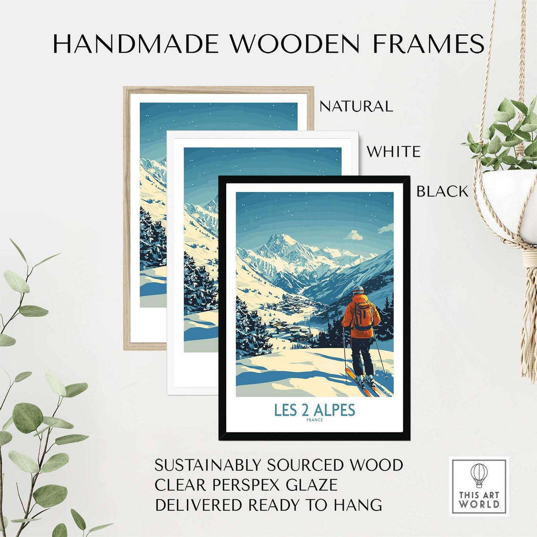 Three handmade wooden frames in natural, white, and black showcasing a Les 2 Alpes poster with mountain and ski scene.