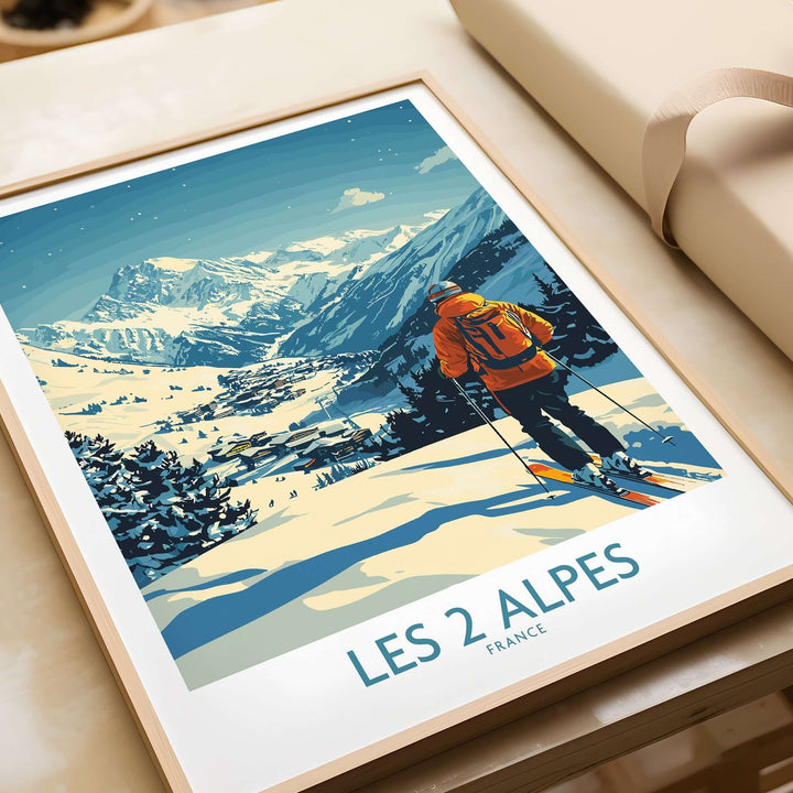 Vibrant Les 2 Alpes poster showcasing a skier in stunning mountain scenery in France, perfect for adventure lovers.