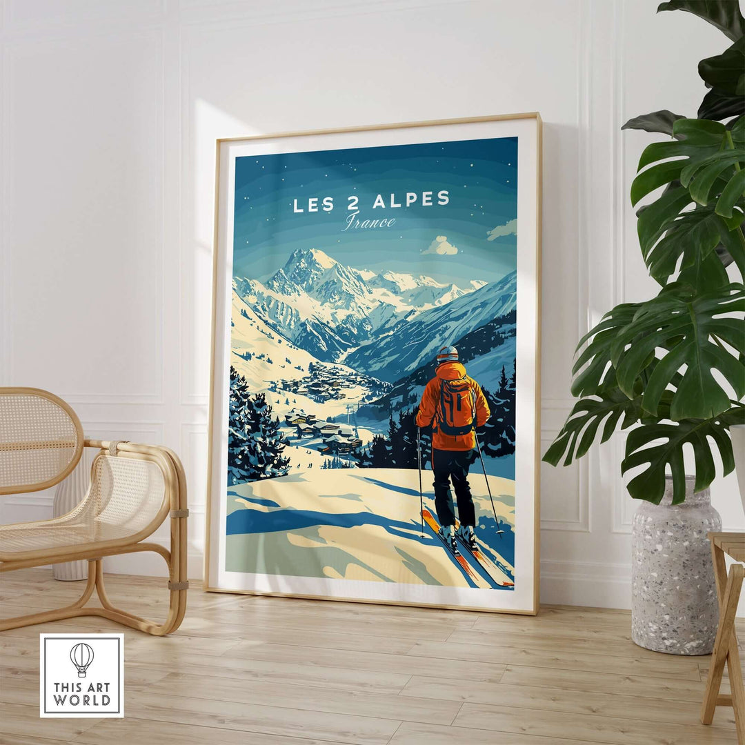 Les 2 Alpes art print featuring a skier in the stunning French Alps, perfect for ski lovers and home decor.