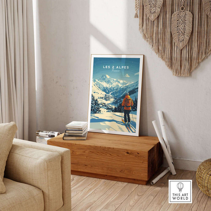 Les 2 Alpes print showcasing a skier in a stylish living room, perfect for ski enthusiasts and art lovers.