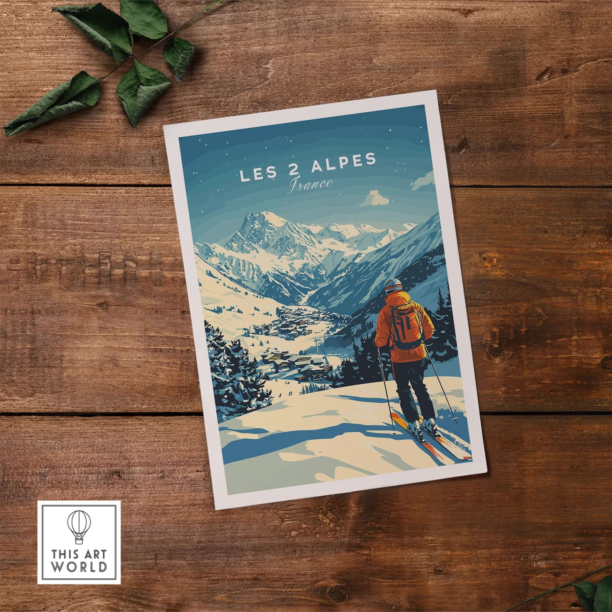 Les 2 Alpes ski art print showcasing a skier in the beautiful French Alps, perfect for ski enthusiasts and home decor.