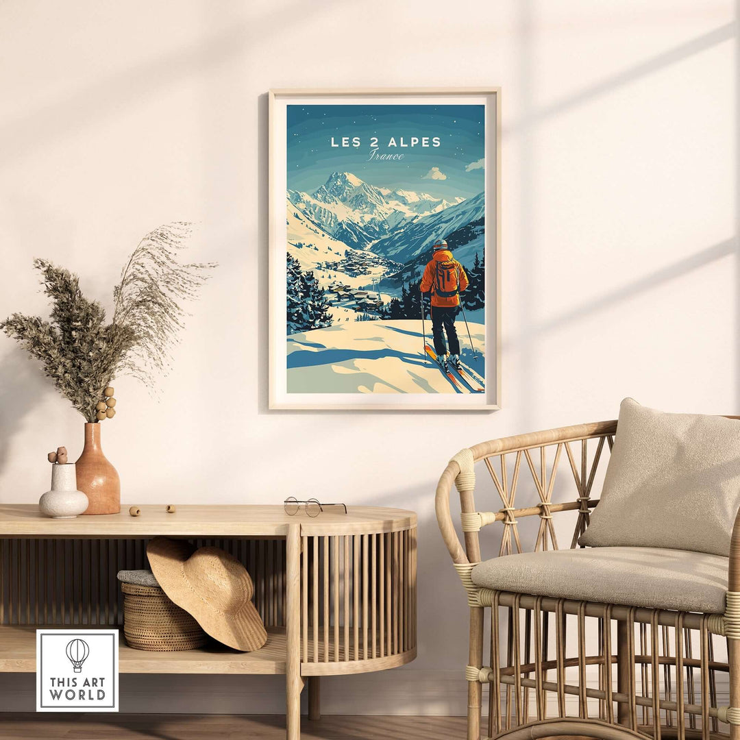 Les 2 Alpes ski art print displayed in a stylish room, showcasing mountains and a skier for home decor inspiration.