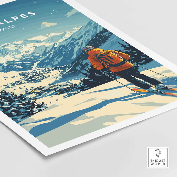 Skiing in Les 2 Alpes France art print, showcasing snowy slopes and mountain views, perfect for ski enthusiasts and home decor.