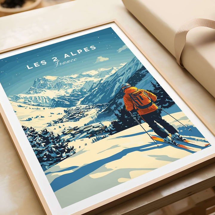 Les 2 Alpes ski art print showcasing a skier on snow-covered slopes in France's beautiful mountains, perfect for home decor.