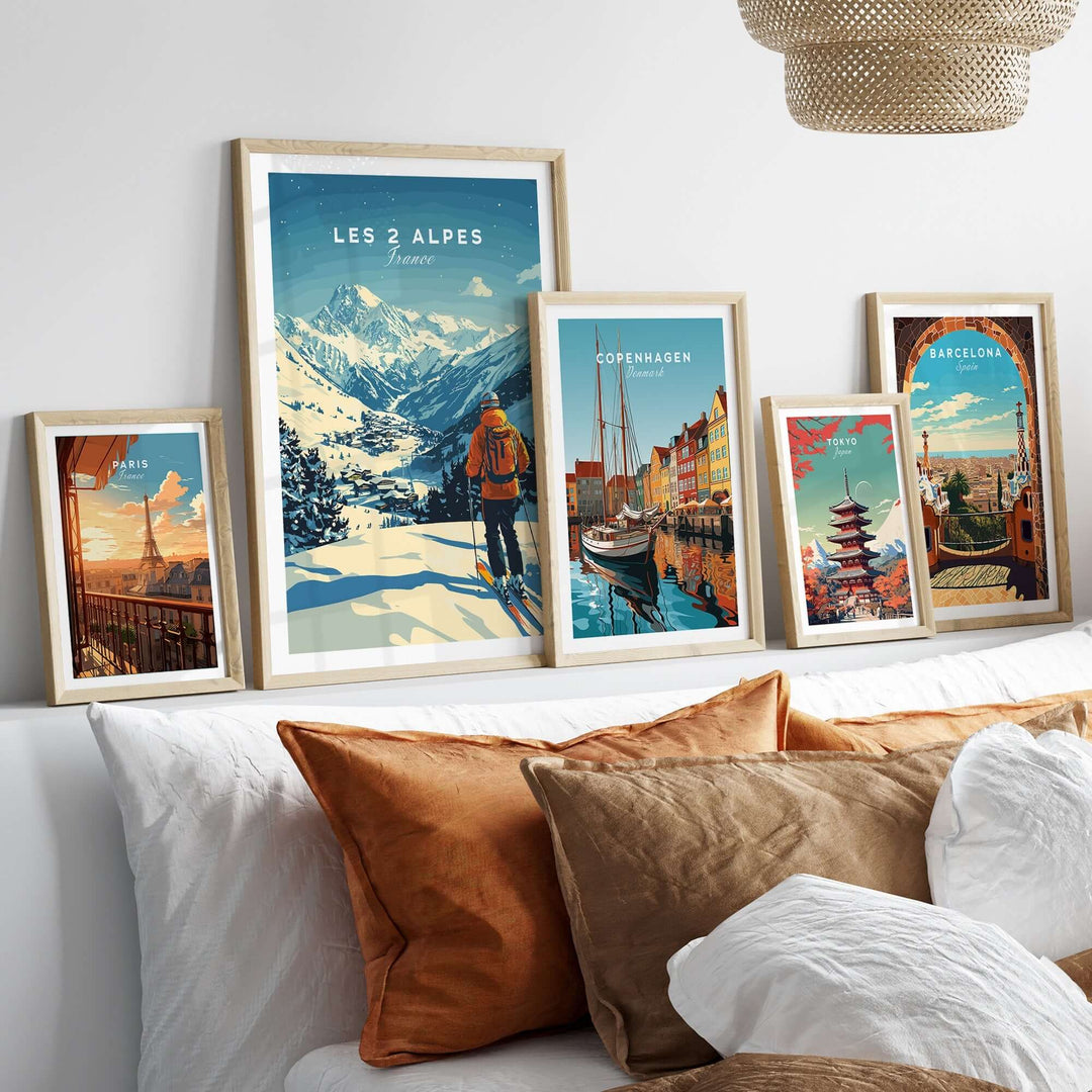 Les 2 Alpes print art displayed on a wall with other city prints, showcasing a cozy interior design and ski theme décor.