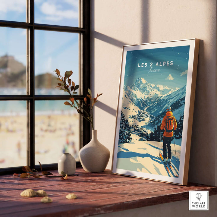 Framed Les 2 Alpes print showcasing a skier against a mountain backdrop, perfect for ski lovers and home decor.