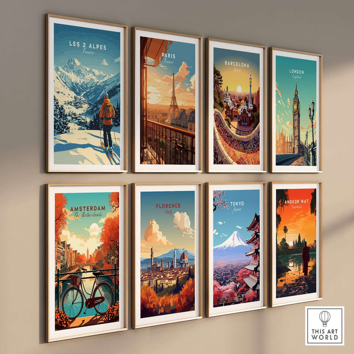 Collection of travel art prints featuring Les 2 Alpes, Paris, Barcelona, London, Amsterdam, Florence, Tokyo, and Vanguard Wat.