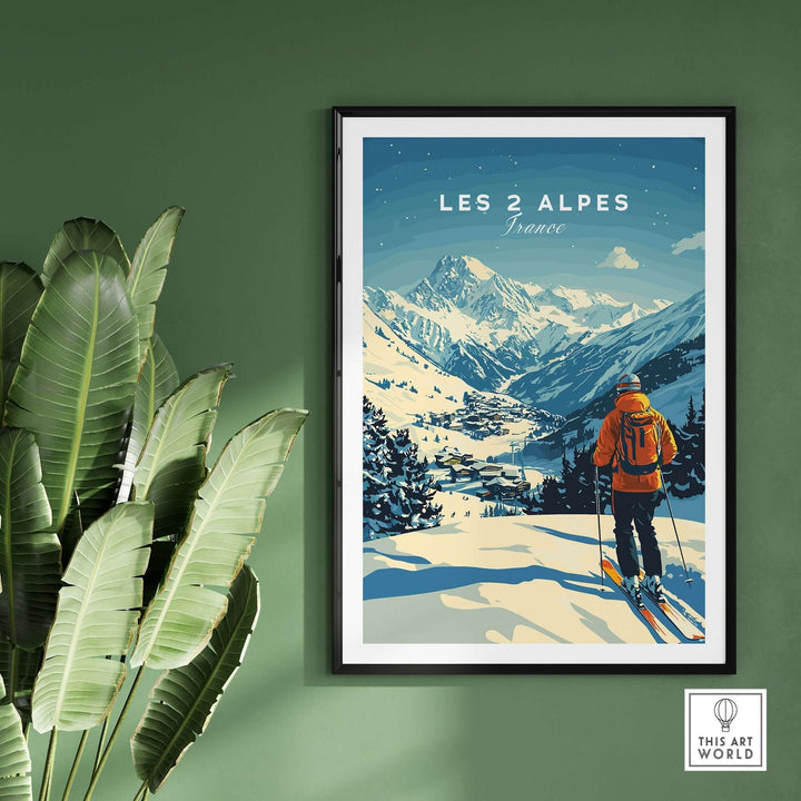 Stunning Les 2 Alpes ski art print showcasing mountains and a skier, perfect for ski enthusiasts and home decor.