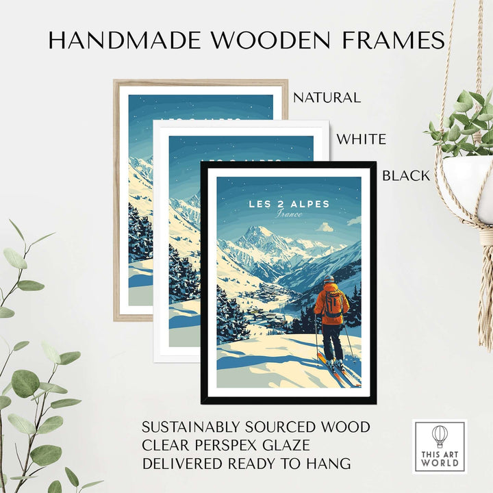 Handmade wooden frames for Les 2 Alpes print, featuring natural, white, and black styles, sustainably sourced wood.