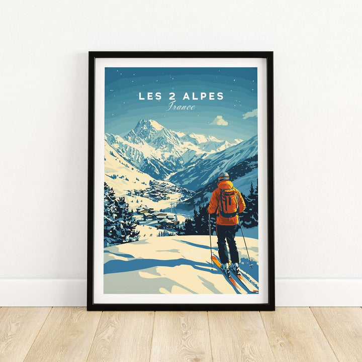 Ski art print of Les 2 Alpes, France, featuring a skier amidst stunning mountain scenery in a framed display.