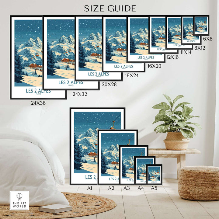 Les 2 Alpes Ski Poster size guide showcasing various frame options and mountain scenery with a plant in a cozy room setting.