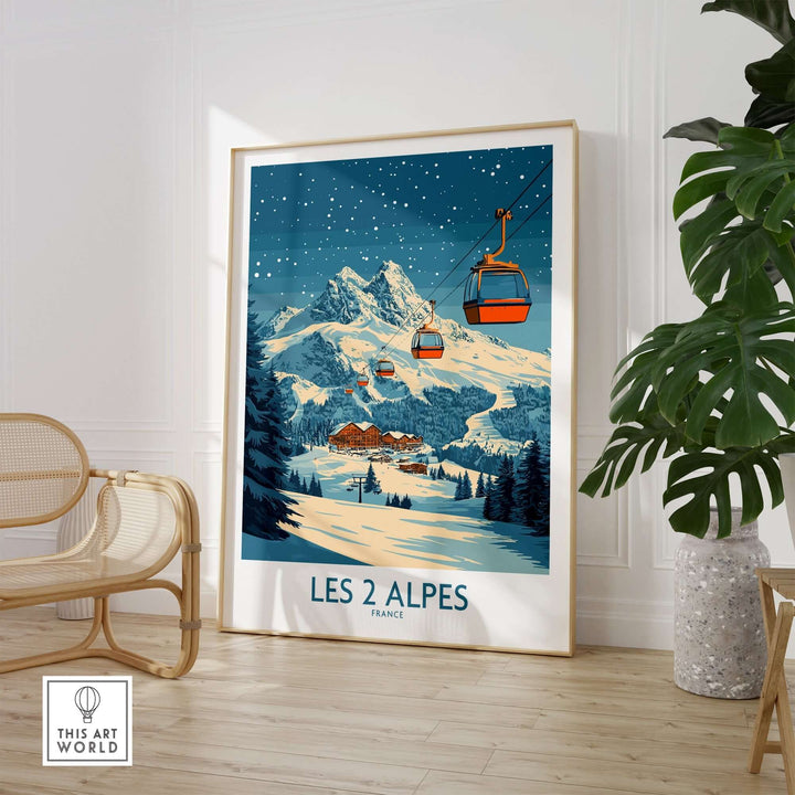 Les 2 Alpes ski poster featuring snowy mountains and ski lifts, vibrant colors, perfect for ski enthusiasts.