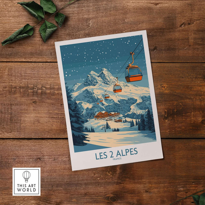 Les 2 Alpes ski poster showcasing a snowy mountain landscape with ski lifts, perfect for ski enthusiasts and adventure lovers.