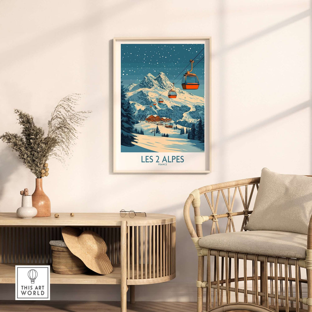 Les 2 Alpes ski poster displayed in a cozy room, showcasing mountains and ski lifts in vibrant colors.