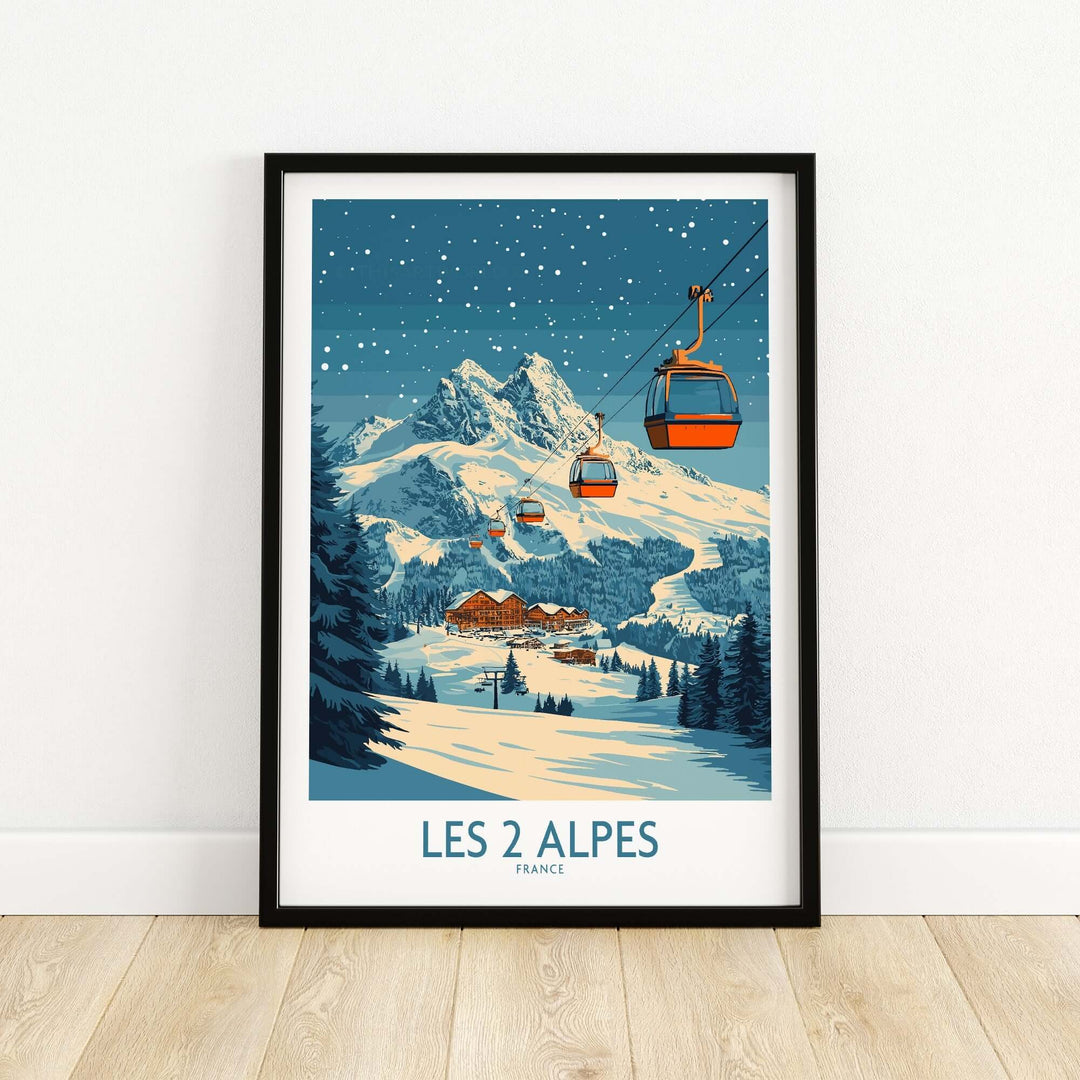 Les 2 Alpes ski poster featuring snowy mountains and ski lifts, vibrant colors capturing the adventure of skiing in France.