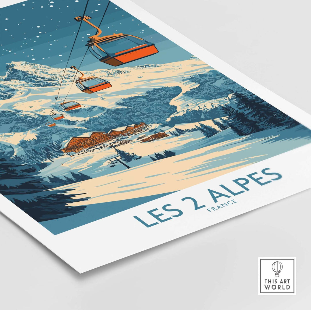 Les 2 Alpes ski poster featuring vibrant mountain scene and ski lift, perfect for ski enthusiasts and adventure lovers.