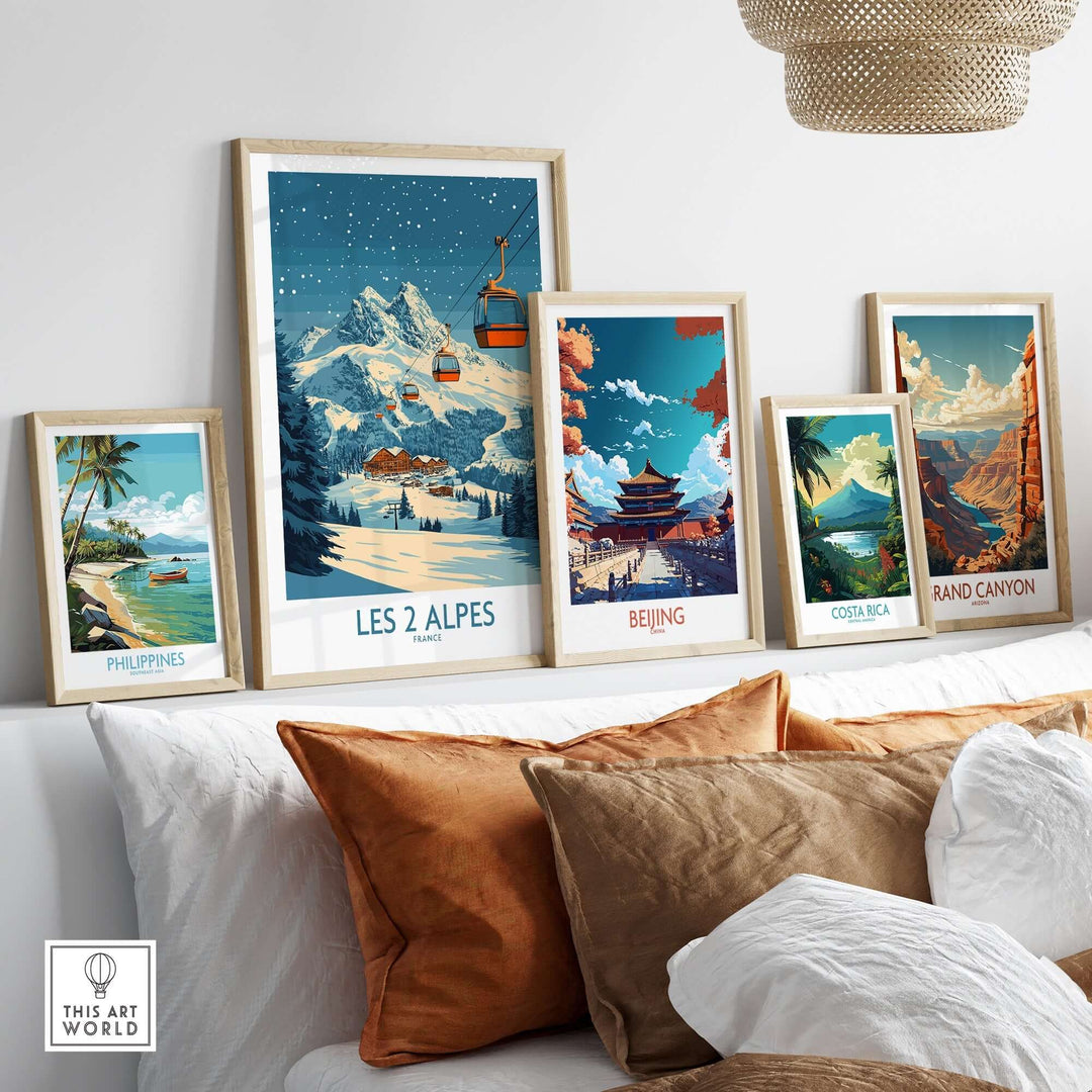 Framed Les 2 Alpes ski poster among other travel posters in a stylish decor setting. Perfect for adventure lovers.