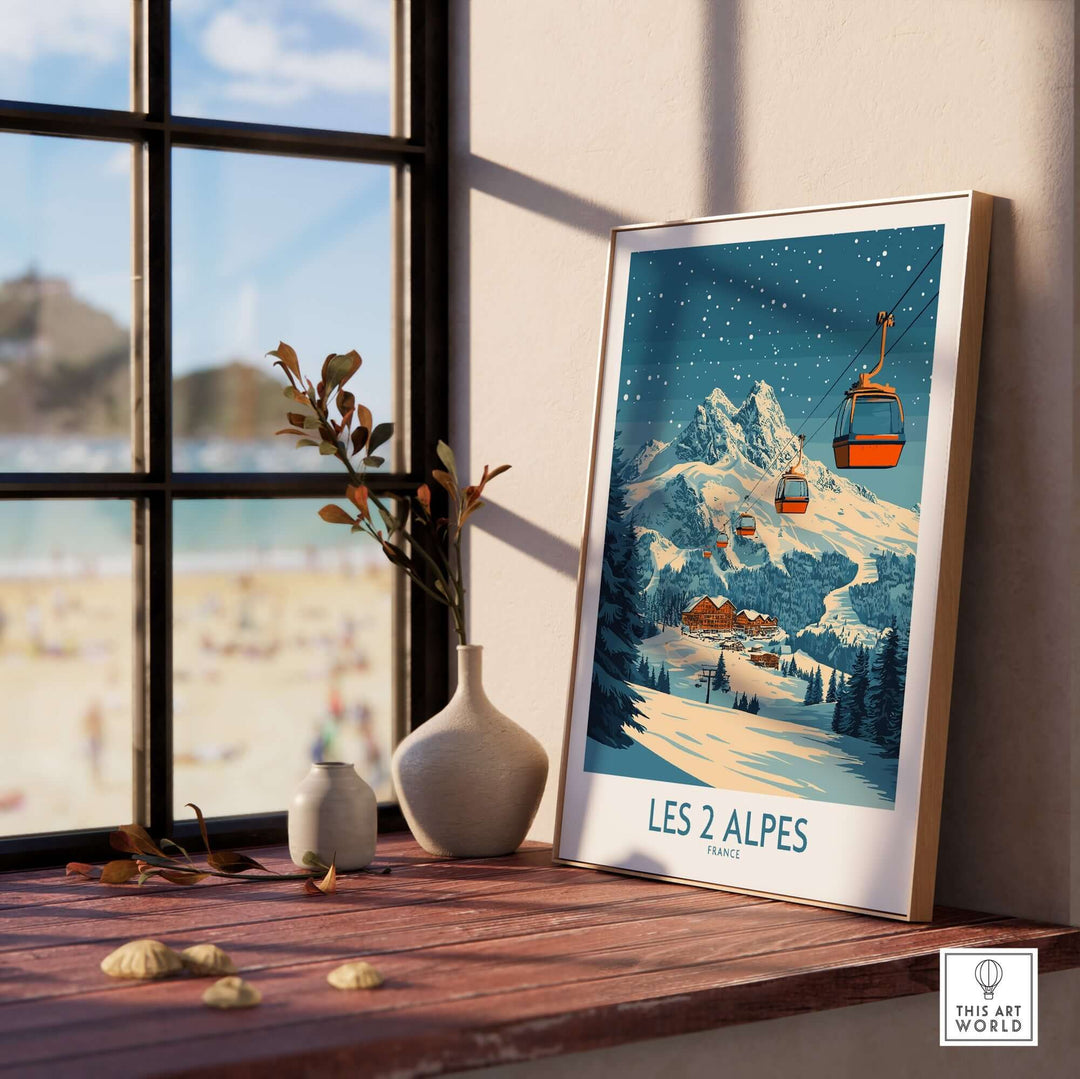 Les 2 Alpes ski poster framed by a window, showcasing vibrant mountain scenery and ski lifts, perfect for ski enthusiasts.