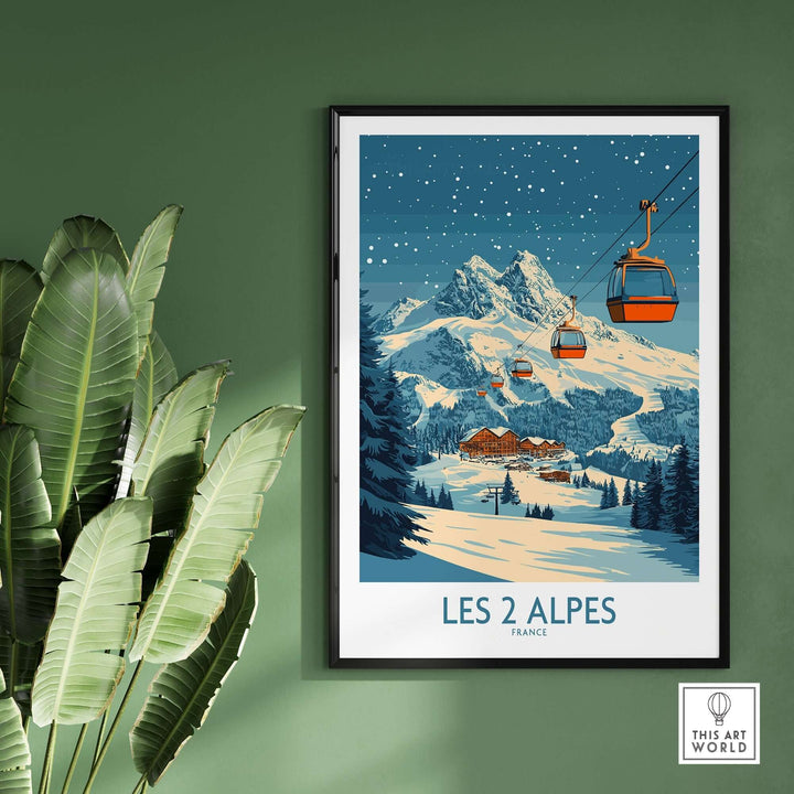 Vibrant Les 2 Alpes ski poster featuring scenic mountains and cable cars, perfect for ski enthusiasts and home decor.