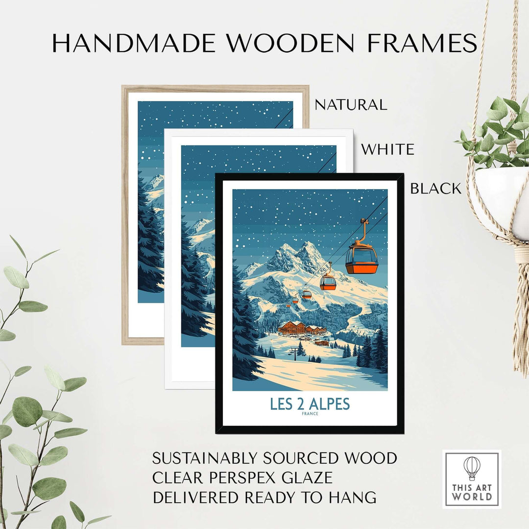 Les 2 Alpes Ski Poster in handmade wooden frames: natural, white, and black, showcasing detailed mountain scenery.