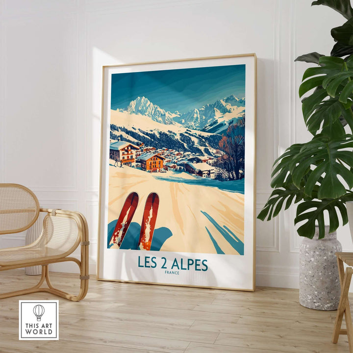 Les 2 Alpes ski poster print showcasing vibrant colors and a stunning mountain view, perfect for home decor and skiing enthusiasts.