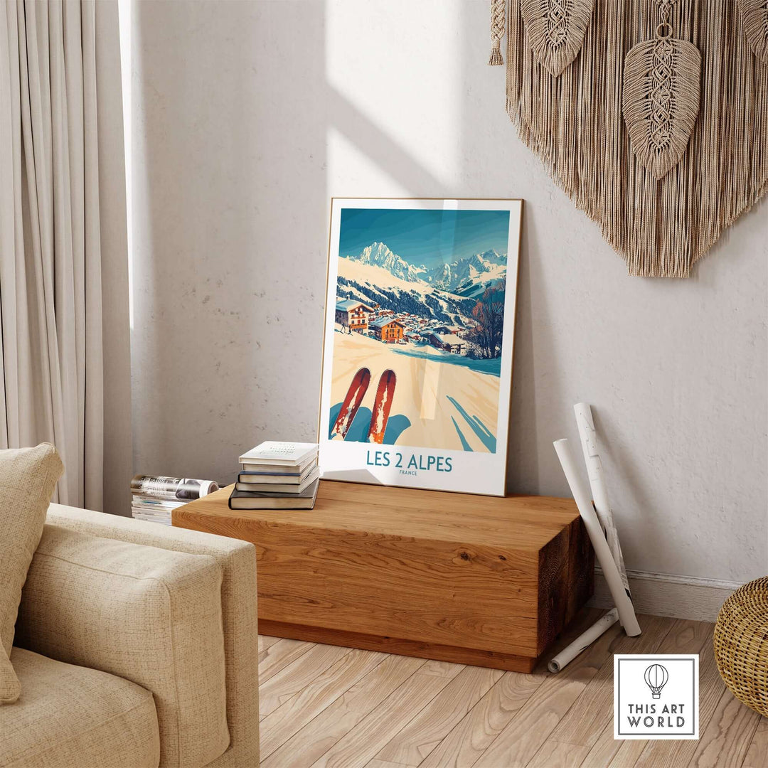 Les 2 Alpes ski poster print displayed in a modern living room, capturing vibrant slopes and scenic mountain views.