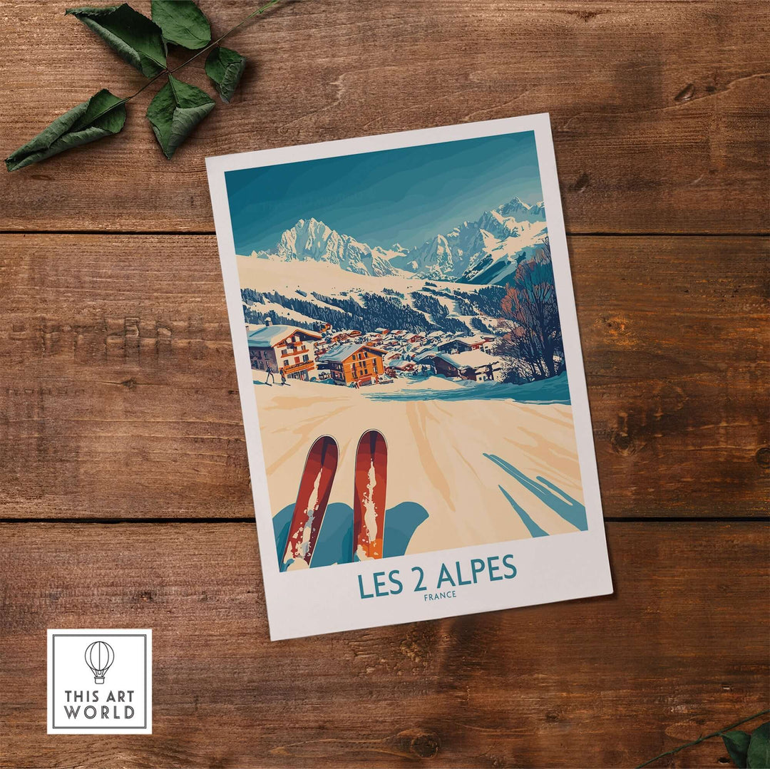 Les 2 Alpes ski poster print featuring vibrant colors and snowy mountain views, perfect for home or office decor.