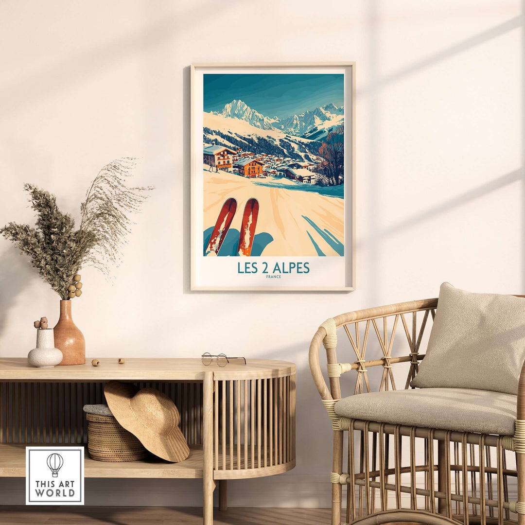 Les 2 Alpes ski poster print displayed in a cozy interior with vibrant colors and stunning mountain views.