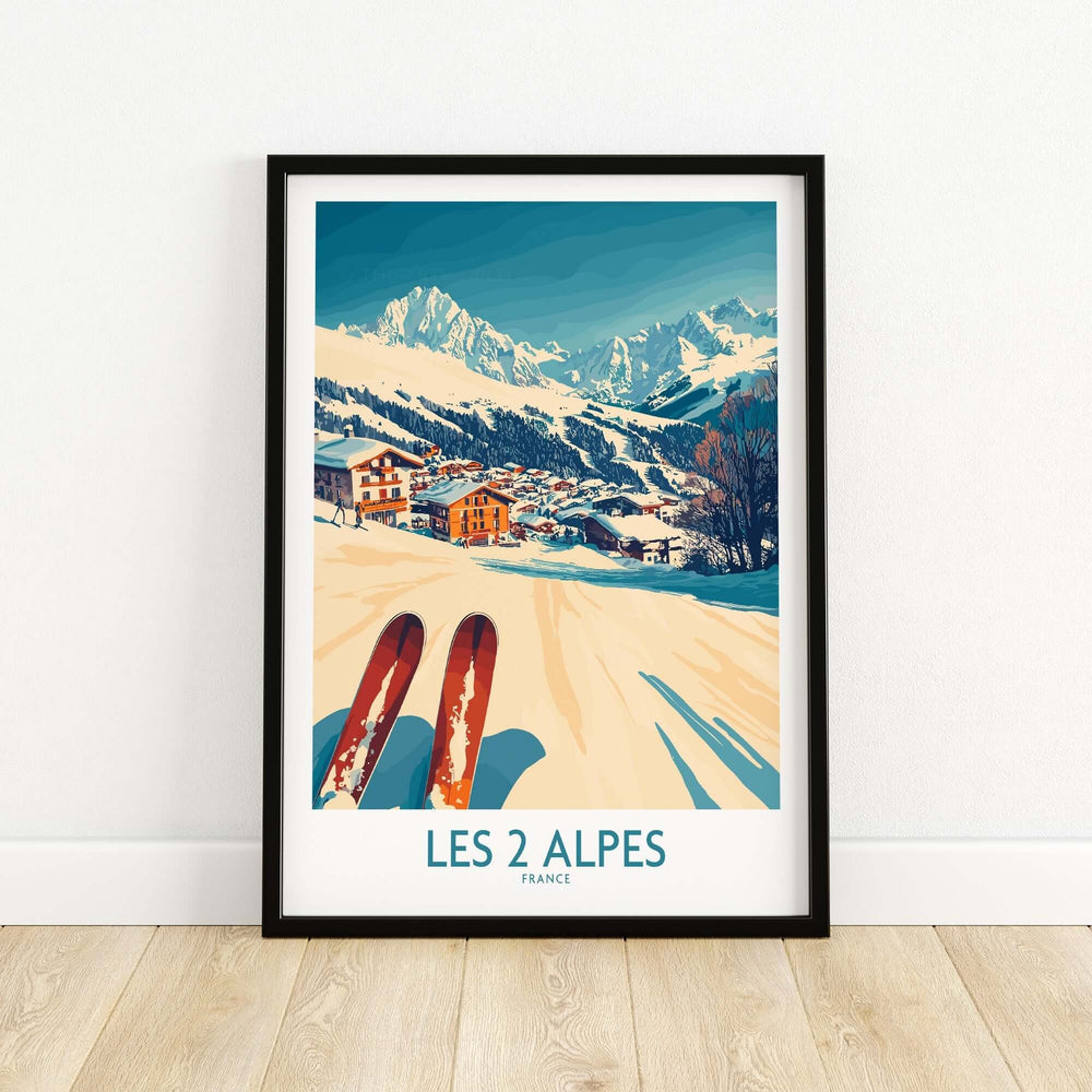 Les 2 Alpes Ski Poster Print featuring vibrant slopes and scenic mountains, perfect for ski trip memories and home decor.