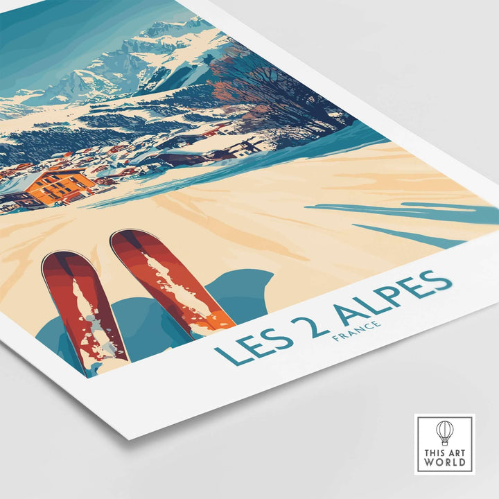 Les 2 Alpes ski poster print showcasing vibrant colors and a picturesque view of the French Alps, perfect for home decor.