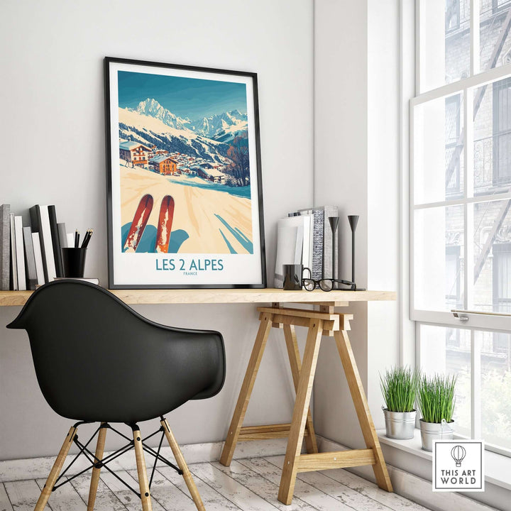 Les 2 Alpes ski poster print displayed in a stylish home office with a modern chair and desk.