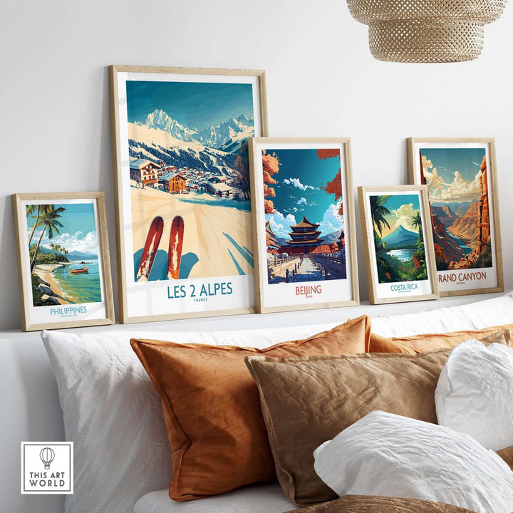 Les 2 Alpes Ski Poster Print displayed among other travel posters, showcasing vibrant colors and stunning landscapes for home decor.