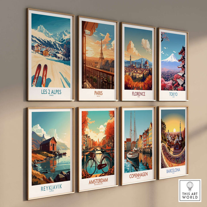 Colorful prints featuring iconic cities including Les 2 Alpes, Paris, Florence, Tokyo, Reykjavik, Amsterdam, Copenhagen, and Barcelona.