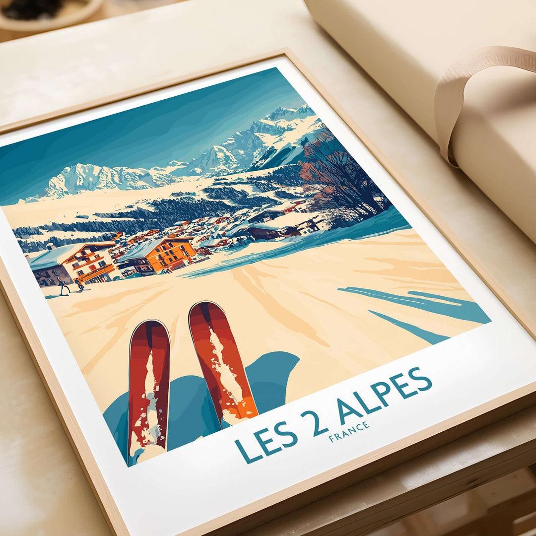 Colorful Les 2 Alpes ski poster print showcasing snowy mountains and a ski resort for winter enthusiasts.