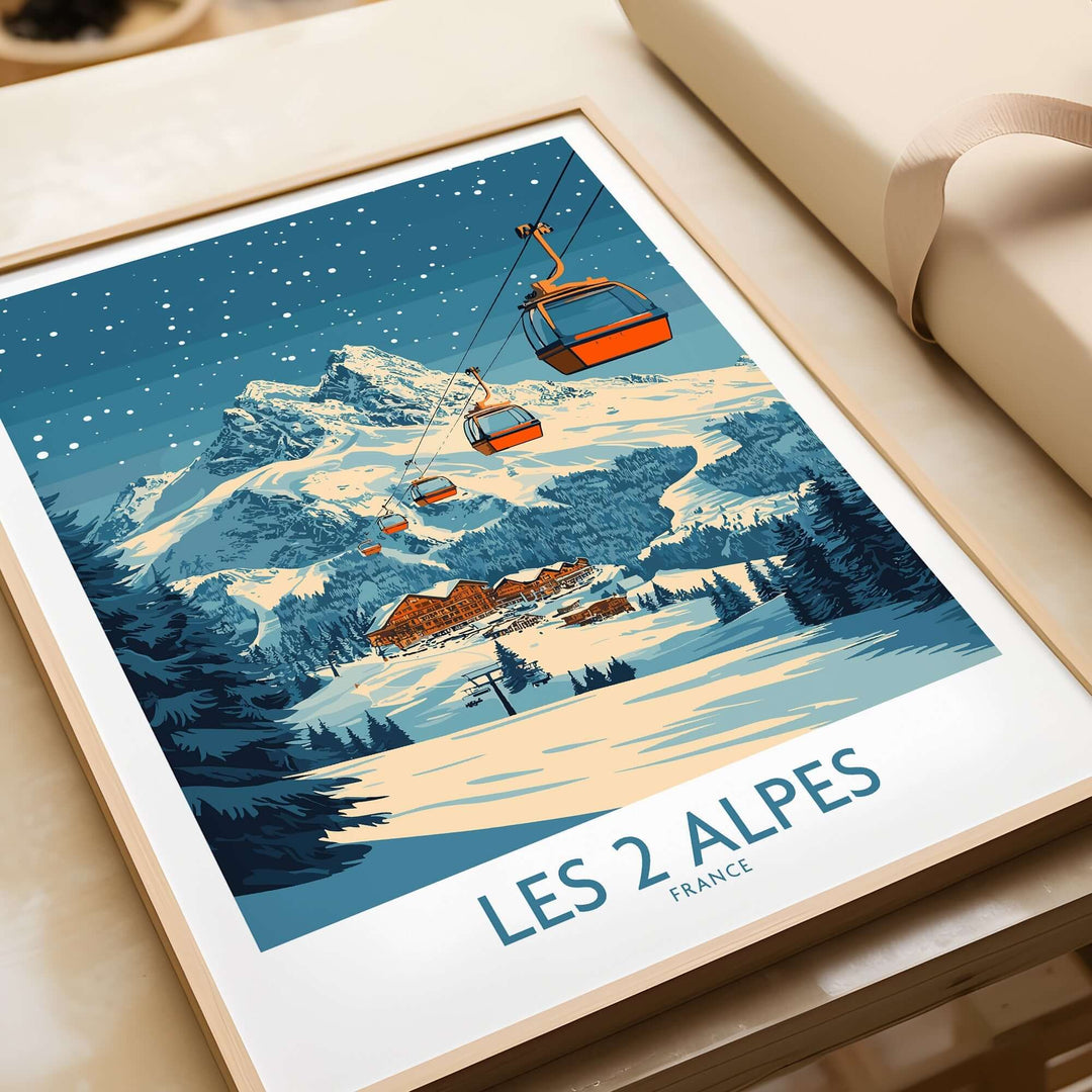 Les 2 Alpes ski poster featuring vibrant mountain scenery and ski lifts, perfect for ski enthusiasts and home decor.