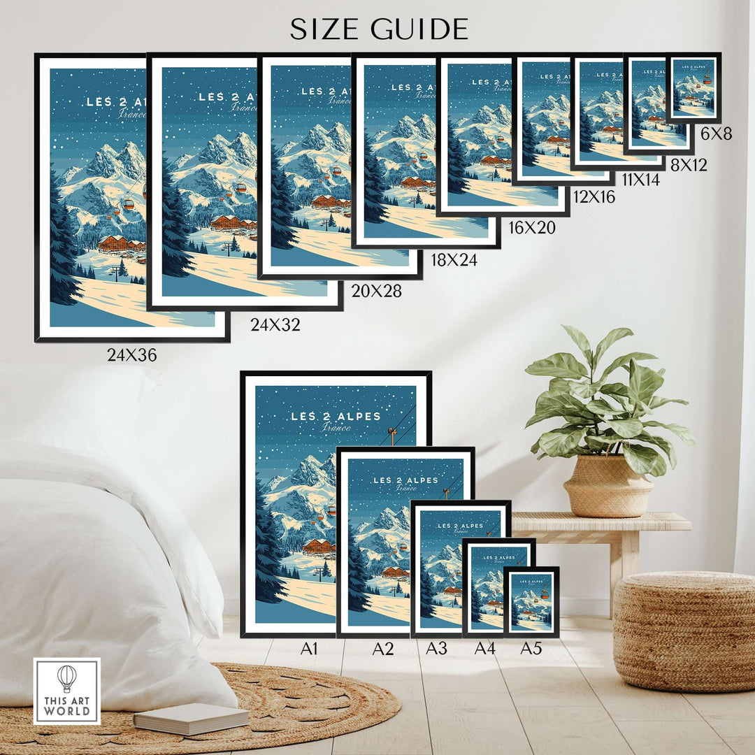 Size guide for Les 2 Alpes Ski Print featuring various frame sizes displayed in a cozy room setting.